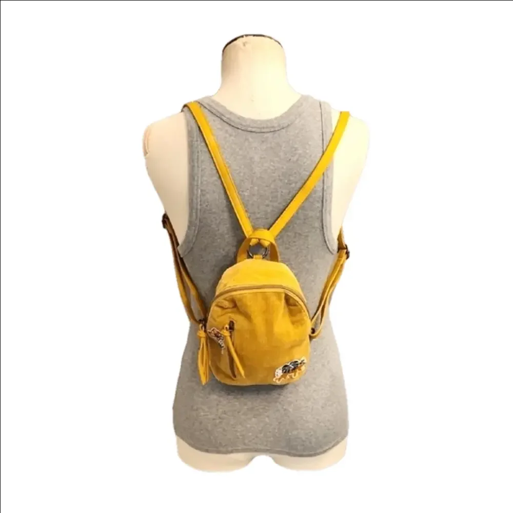 Mustard Corduroy Mini Backpack with Floral & Leopard Patches